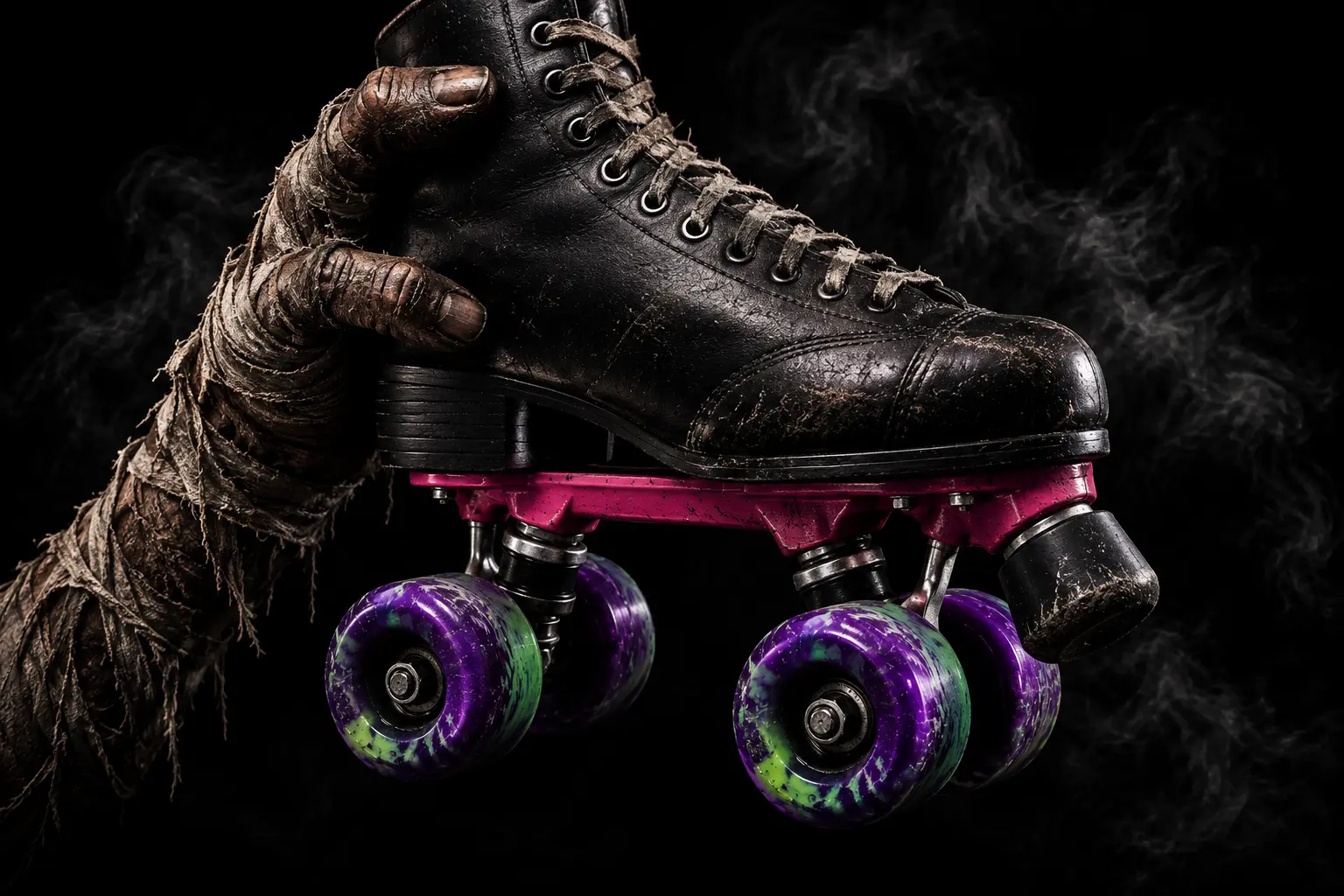 Custom quad skate machinery in darkness
